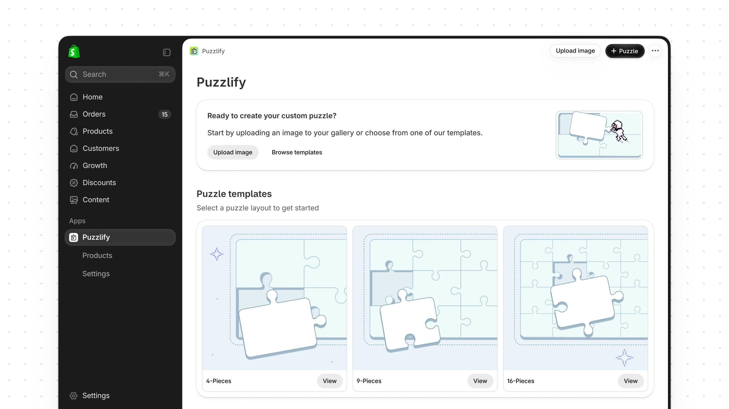 The Puzzlify App Home page with different sections inviting merchants to either upload an image or start creating a puzzle.