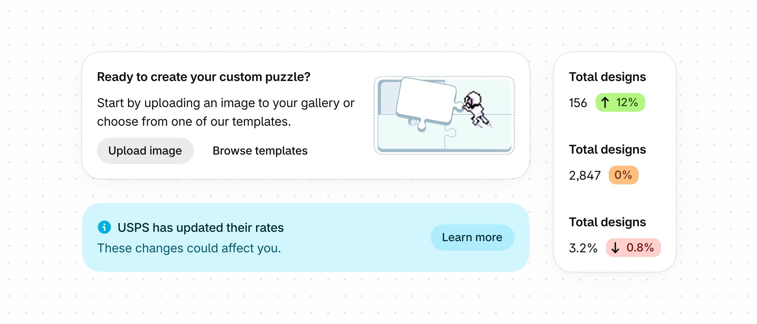 Various elements that are suitable for a homepage, such as a card with an action button, a dismissible informational banner, and a graph.
