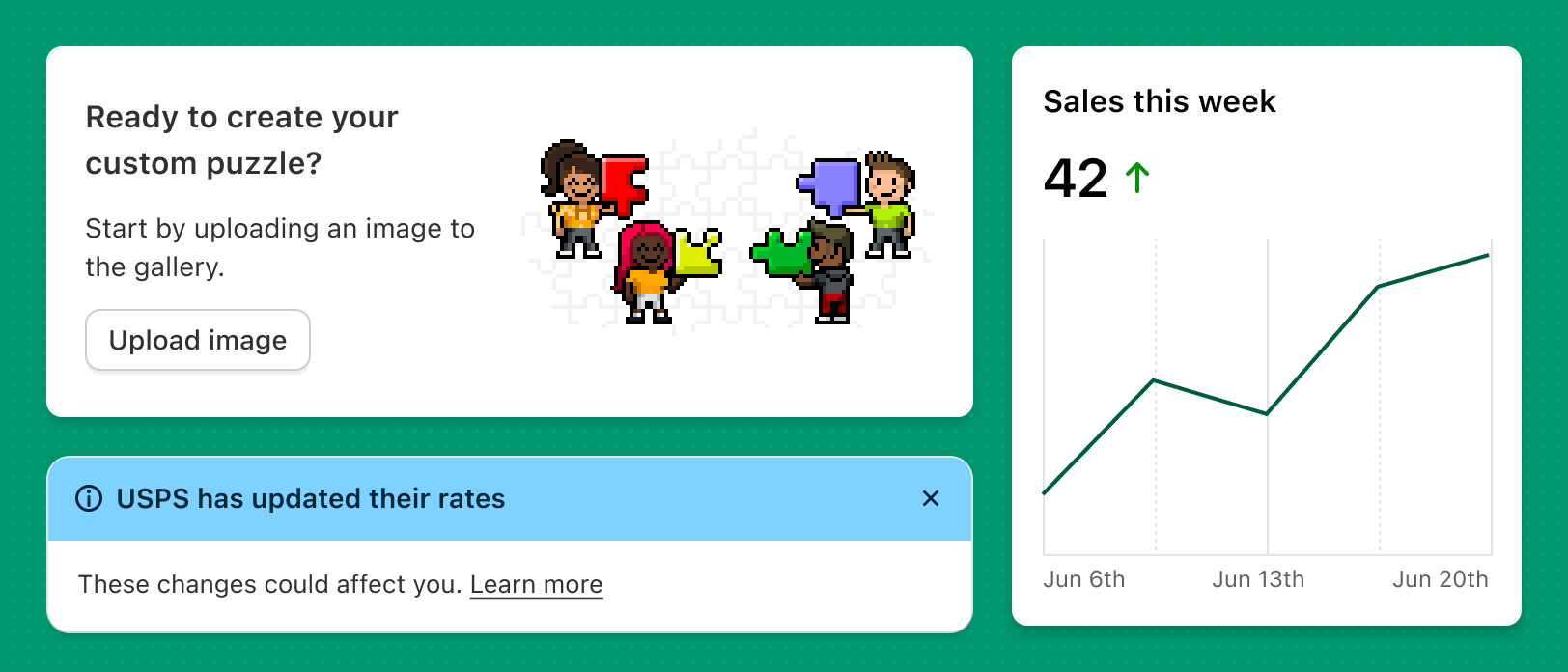 Various elements that are suitable for a homepage, such as a card with an action button, a dismissible informational banner, and a graph.