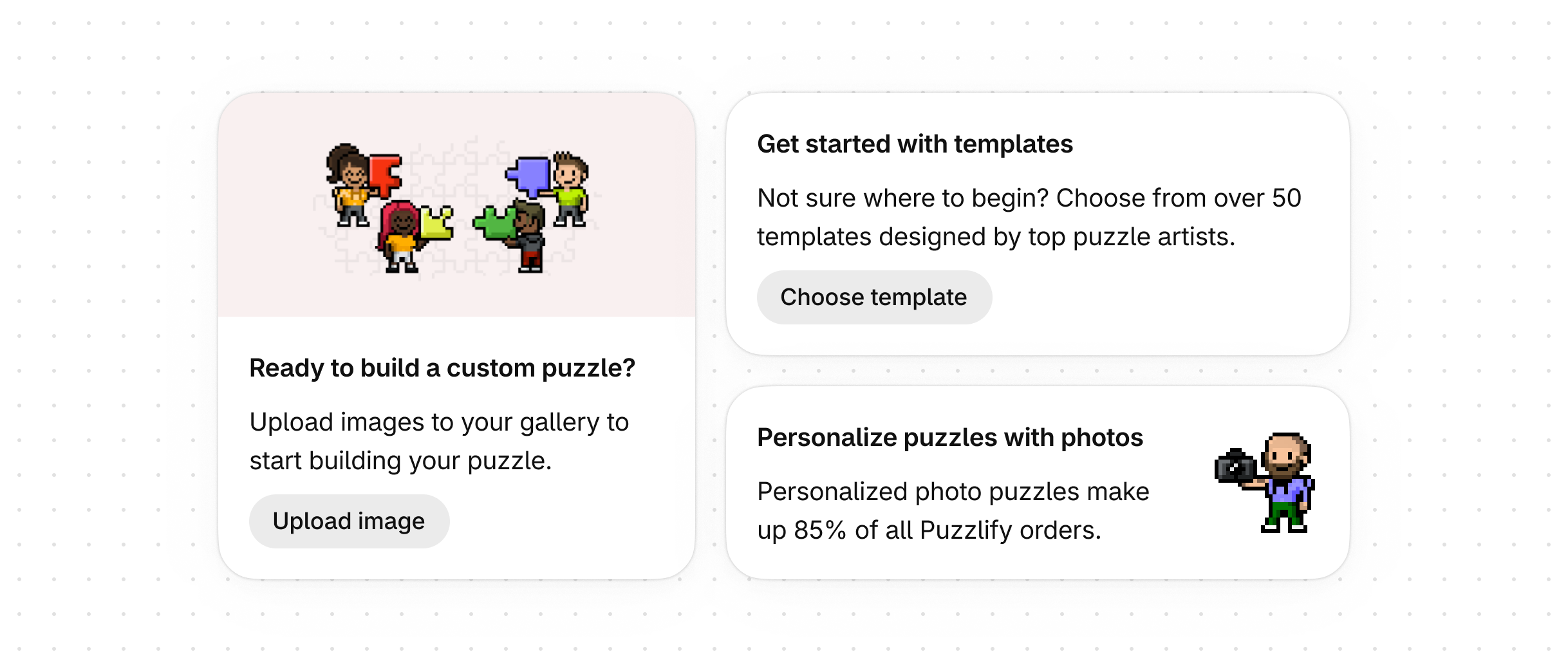 Various cards of the Puzzlify app showing different types of content.