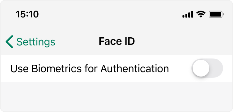 A card with a toggle switch labeled “Use Biometrics for Authentication”.