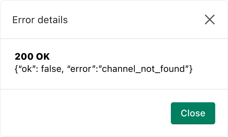 An “Error details” dialog showing the raw text “200 OK” followed by a JSON error payload.