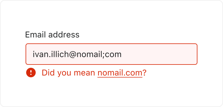 An email field containing a typo, with hint text below it guiding the merchant to fix the typo.