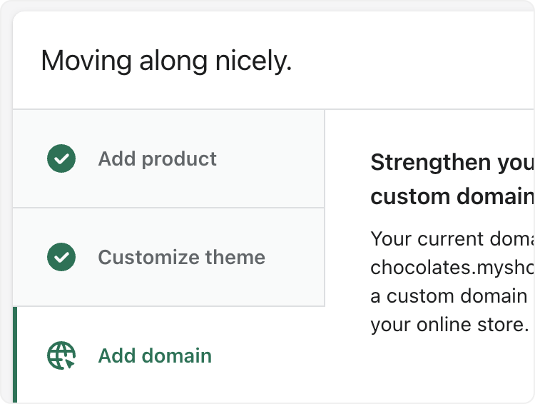 A card with separate tabs for adding a product, customizing a theme, and adding a domain.