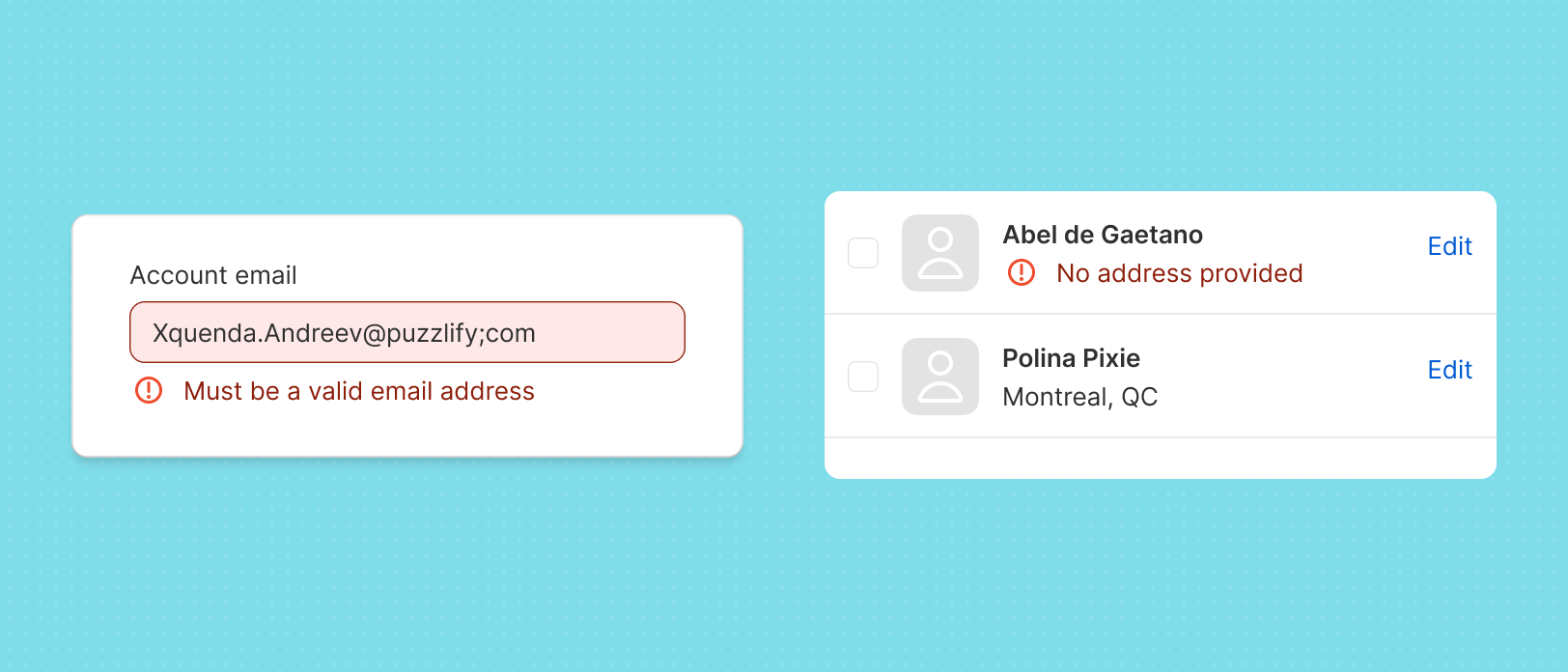 Form fields with error messages.