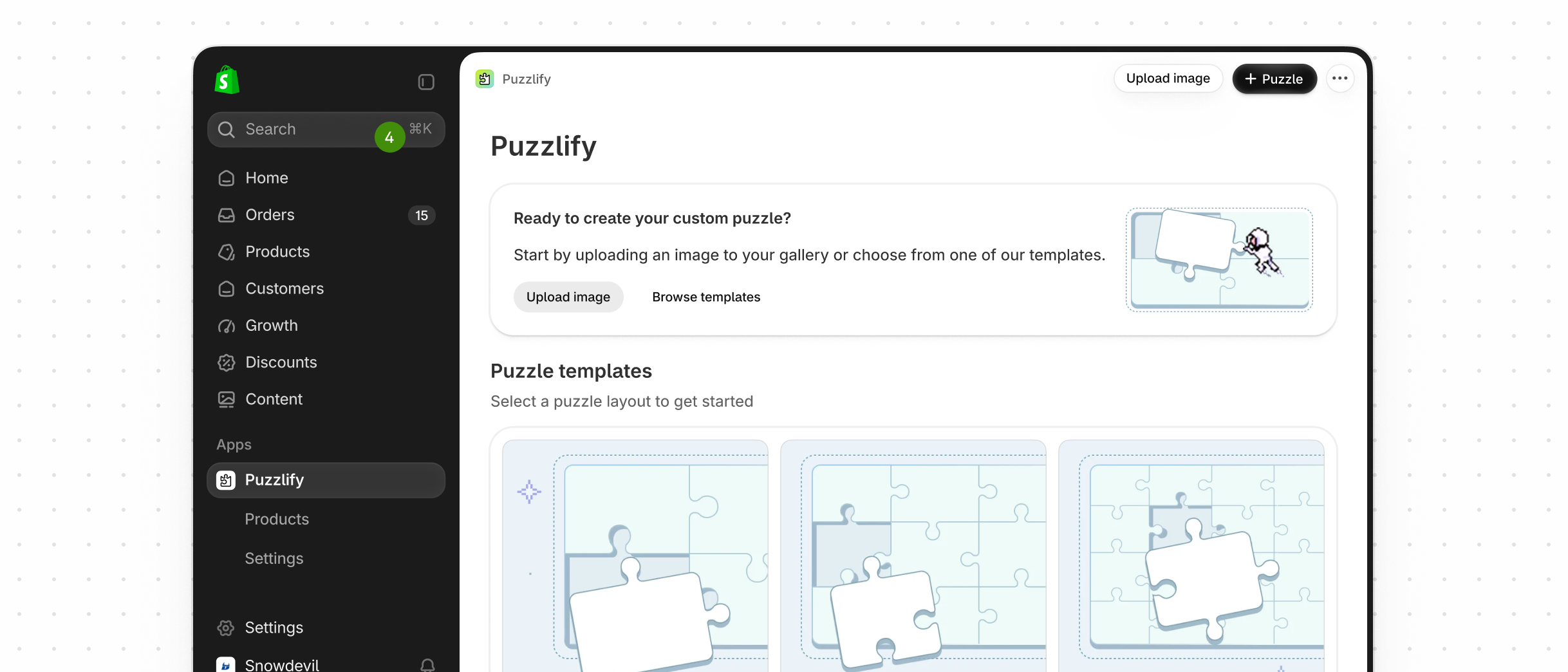 Stylized pixel art puzzles within an app interface that looks like the Shopify admin.