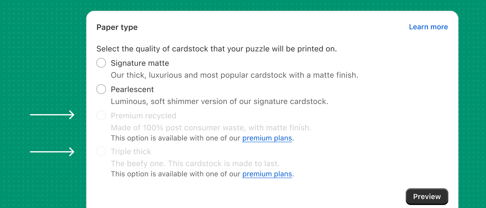 Greyed out paid-tier features with a link to upgrade to a paid or premium plan. The page includes a button that's labeled 'Preview'.