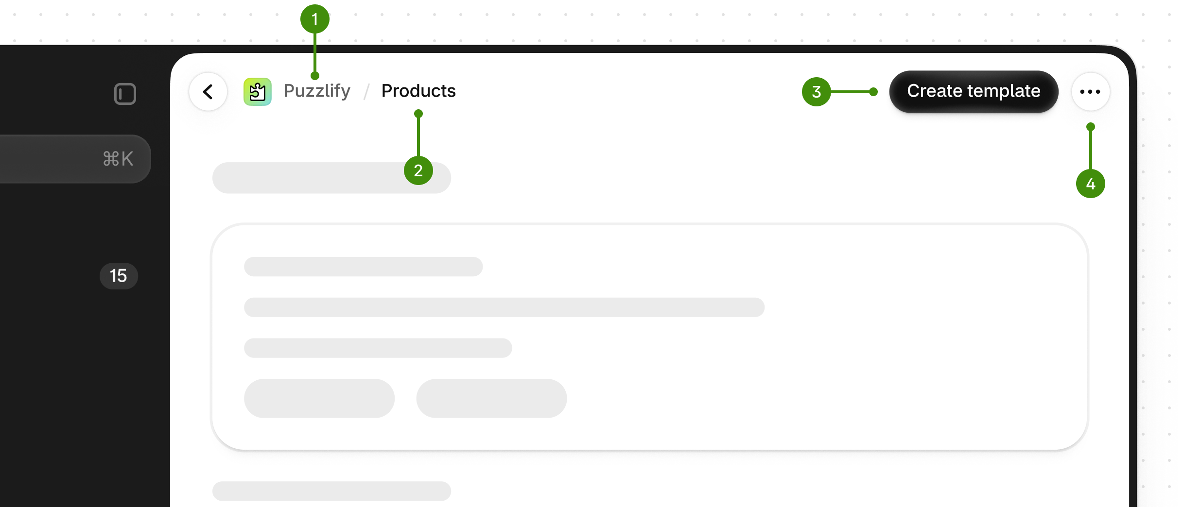 An app header with four numbered callouts: the app icon and name (1), the page title (2), the primary 'Create template' button (3), and the overflow menu (4).