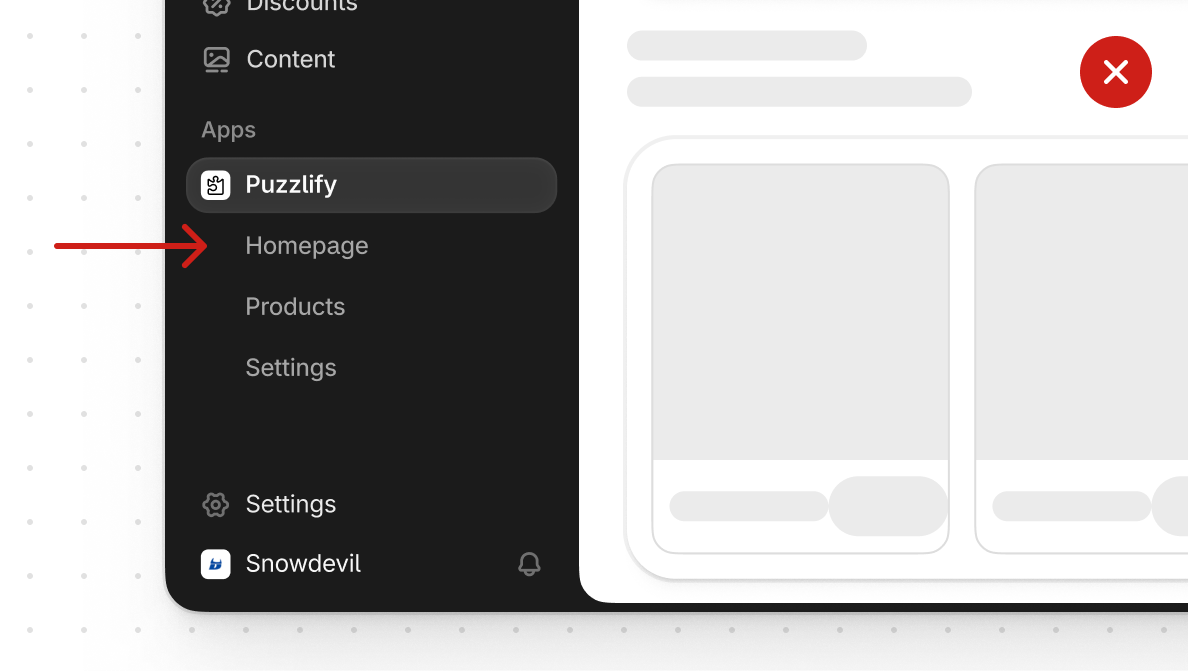 The same sidebar with an arrow pointing at a 'Homepage' item listed beneath the Puzzlify app name, marked with a red X.