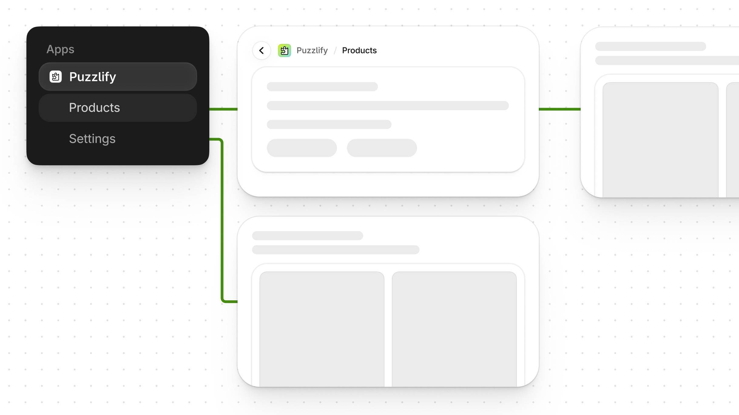 An app nav listing Puzzlify, Products, and Settings, with lines connecting each item to the page it opens.