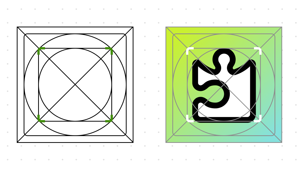 Two squares showing the icon crop: construction guides on the left, and the Puzzlify puzzle-piece glyph on a green gradient with rounded corner markers on the right.