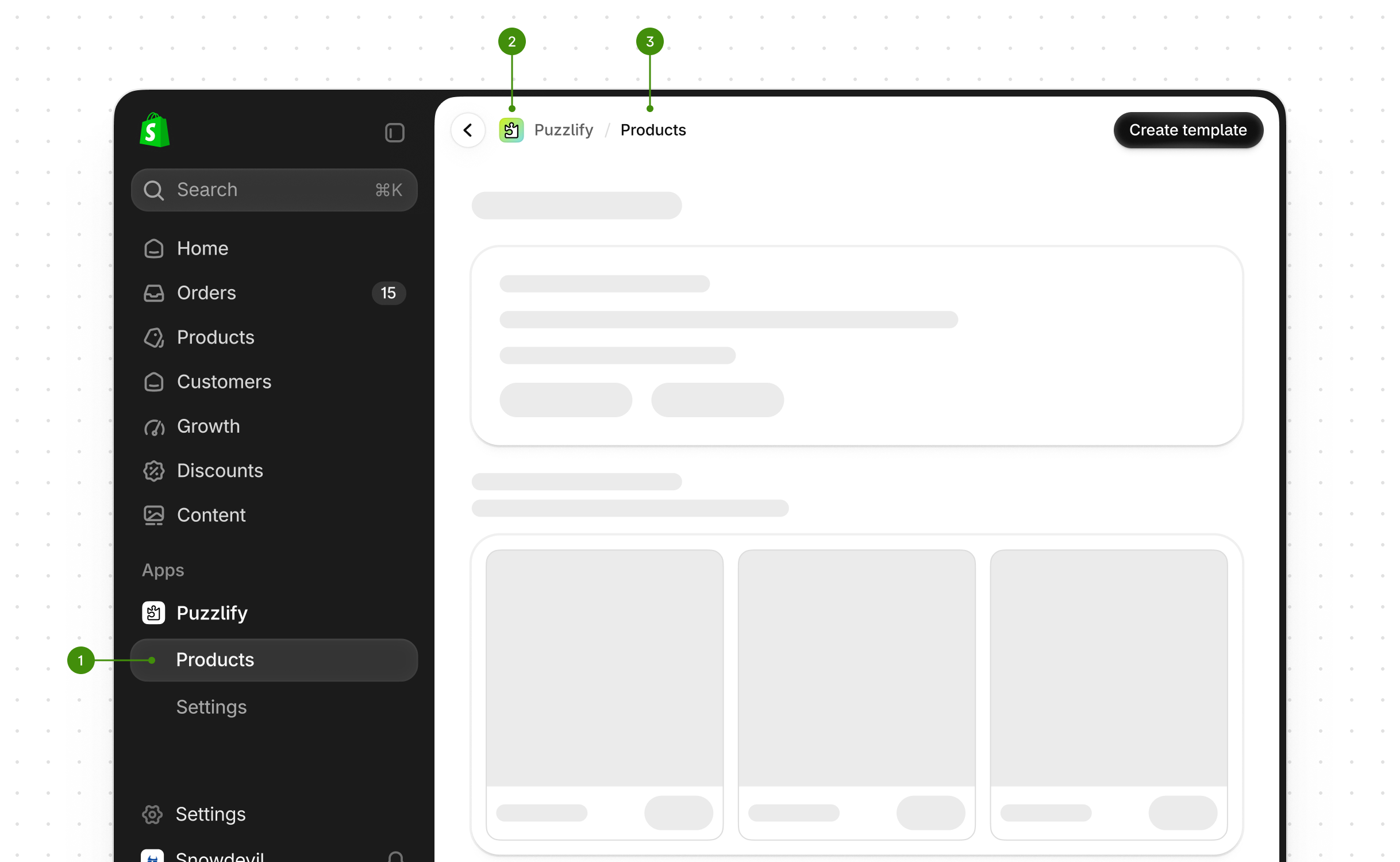 The Shopify admin with three numbered callouts: the Products item in the Puzzlify app nav (1), the Puzzlify app name in the app header (2), and the Products page title beside it (3).