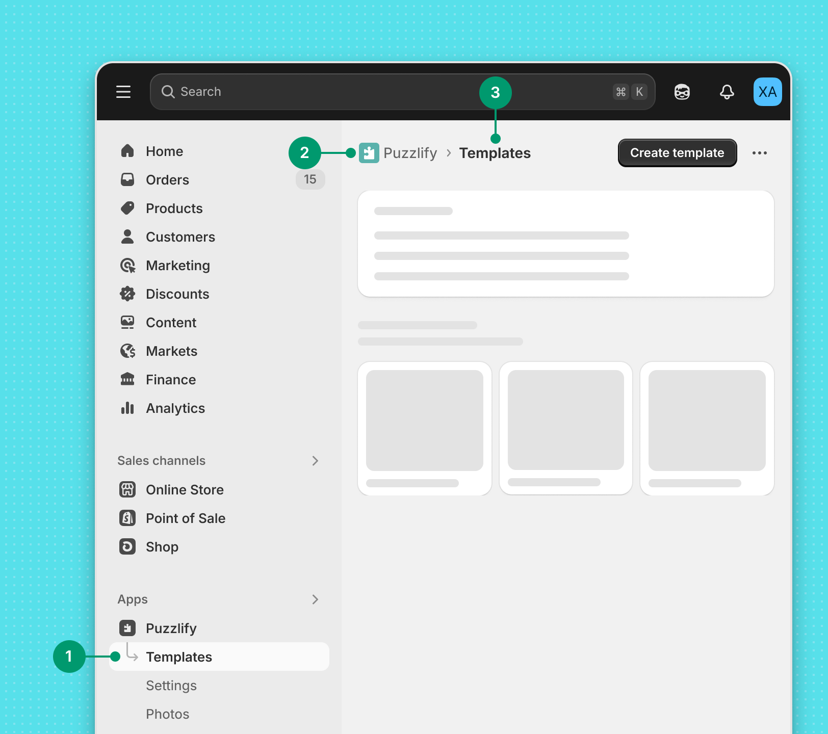 A primary button that's labeled 'Upload image' and a secondary button that's labeled 'More actions'. The secondary button has a dropdown menu with two items, 'Export templates' and 'Preview all'.