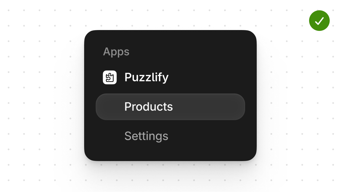 An app nav with three short items: Puzzlify, Products, and Settings.