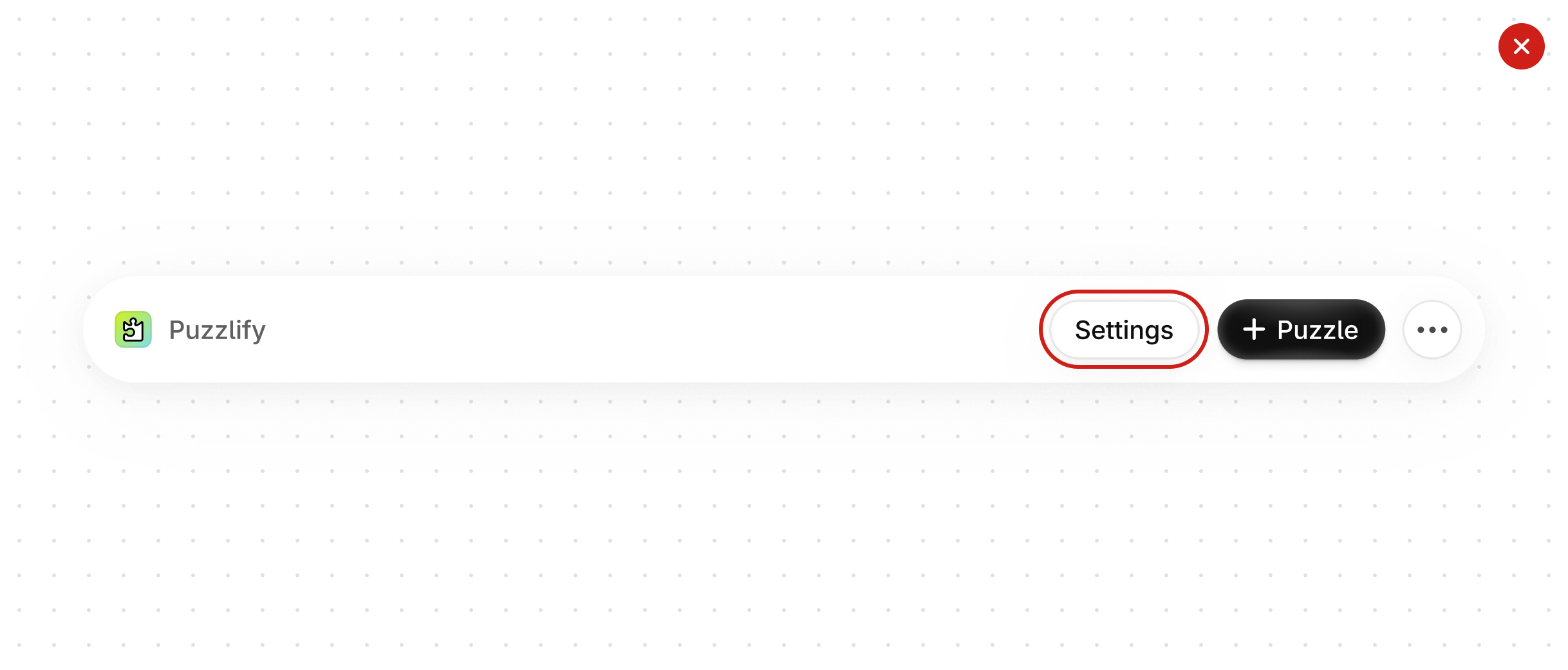 An app header with the Puzzlify name on the left and Settings, '+ Puzzle', and overflow buttons on the right, with the Settings button circled in red.