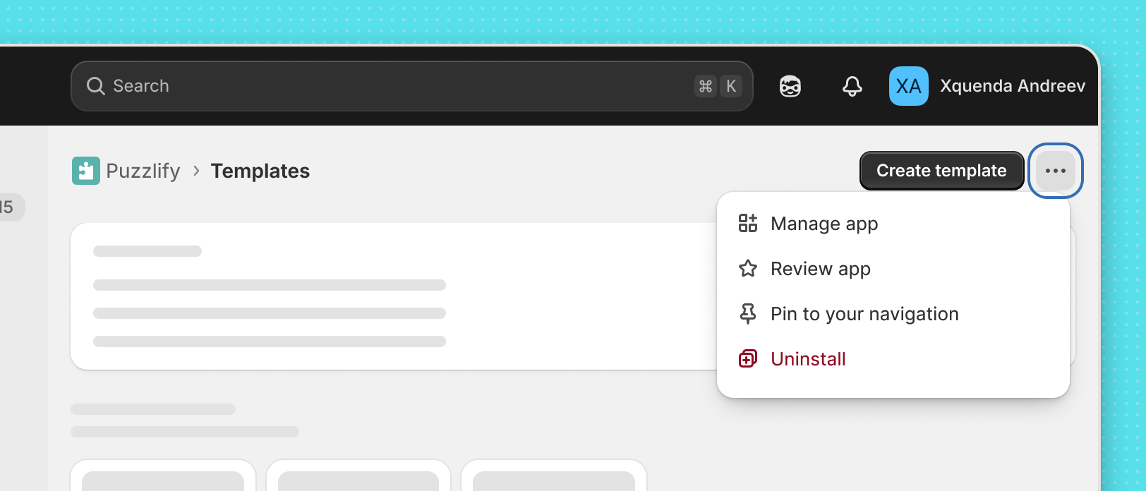 The app header, which represents the topmost part of an app. Included in the image are the app icon and app name (labeled 1), the pinning icon (labeled 2), and the overflow menu (labeled 3).