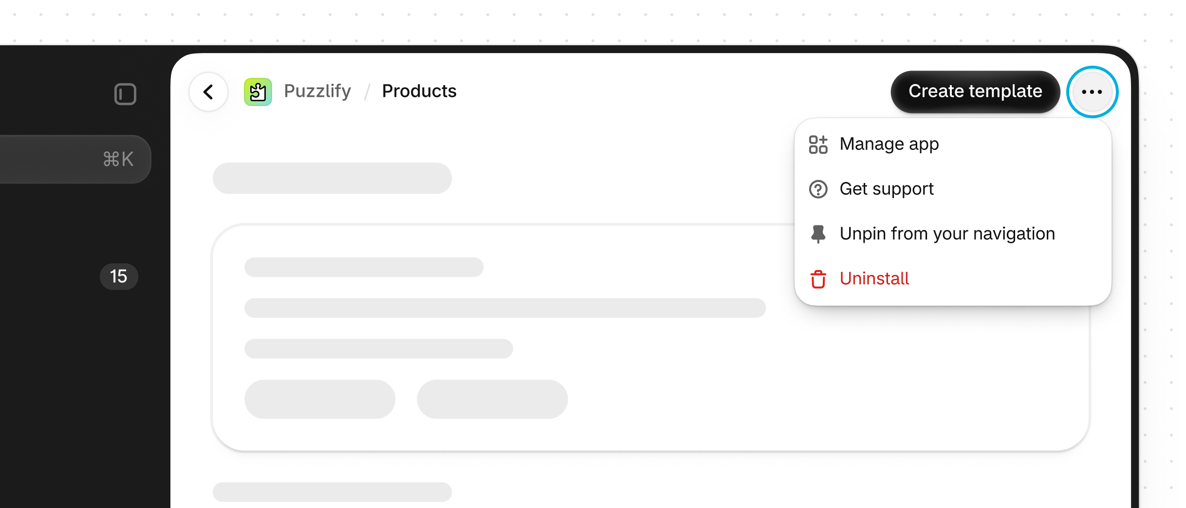 The app header's overflow menu opened to show Manage app, Get support, Unpin from your navigation, and Uninstall.
