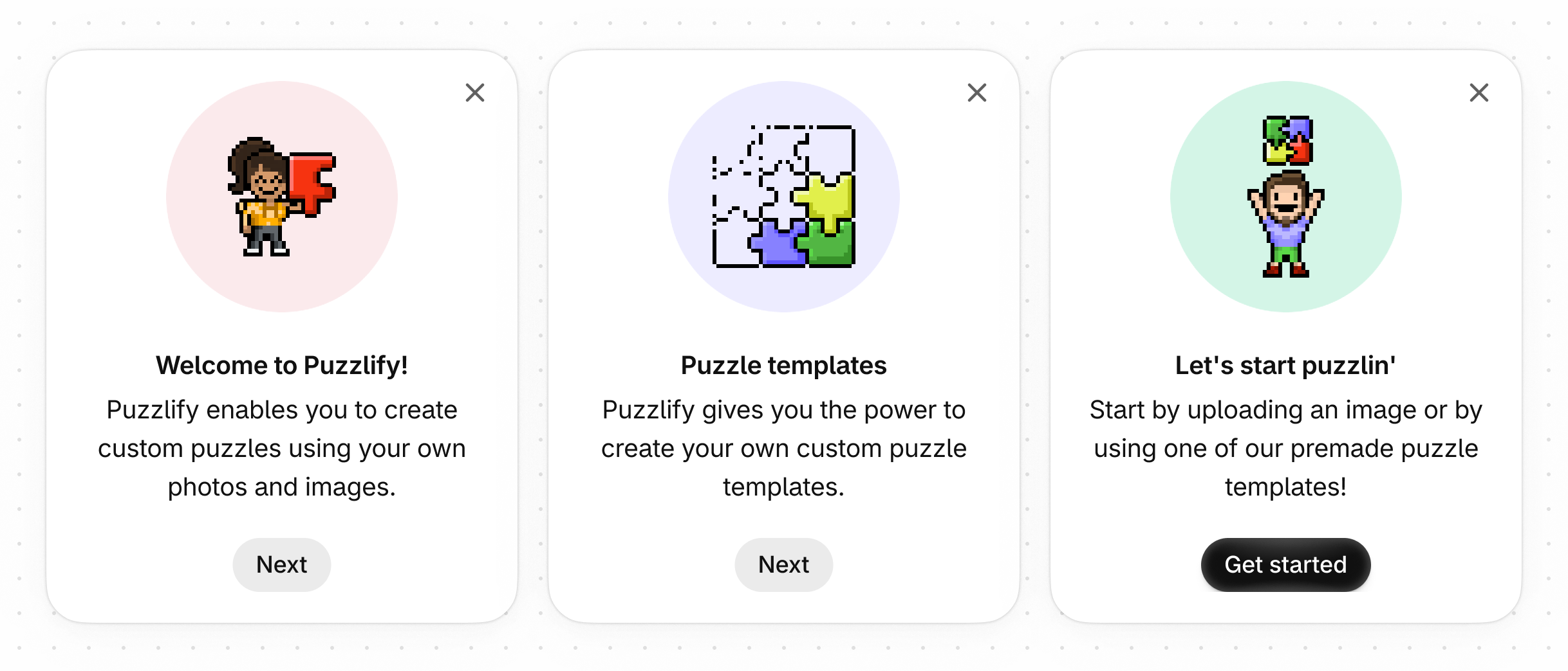 Onboarding screen welcoming merchants to the Puzzlify app, with onboarding steps presented in separate, dismissible cards. Each card has a title, body text, and a button that merchants can click to complete the onboarding step and learn about the app.