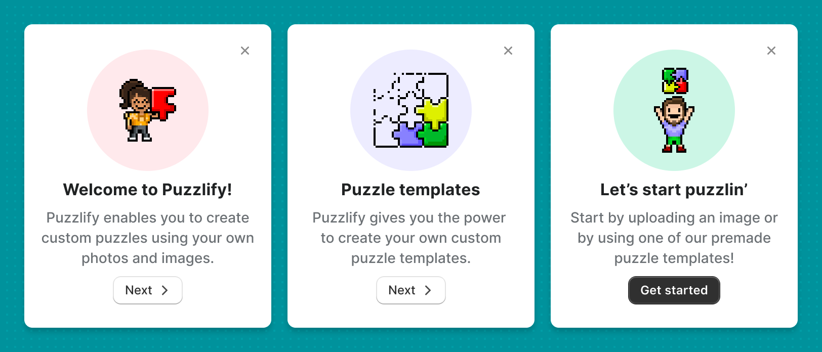 Onboarding screen welcoming merchants to the Puzzlify app, with onboarding steps presented in separate, dismissible cards. Each card has a title, body text, and a button that merchants can click to complete the onboarding step and learn about the app.