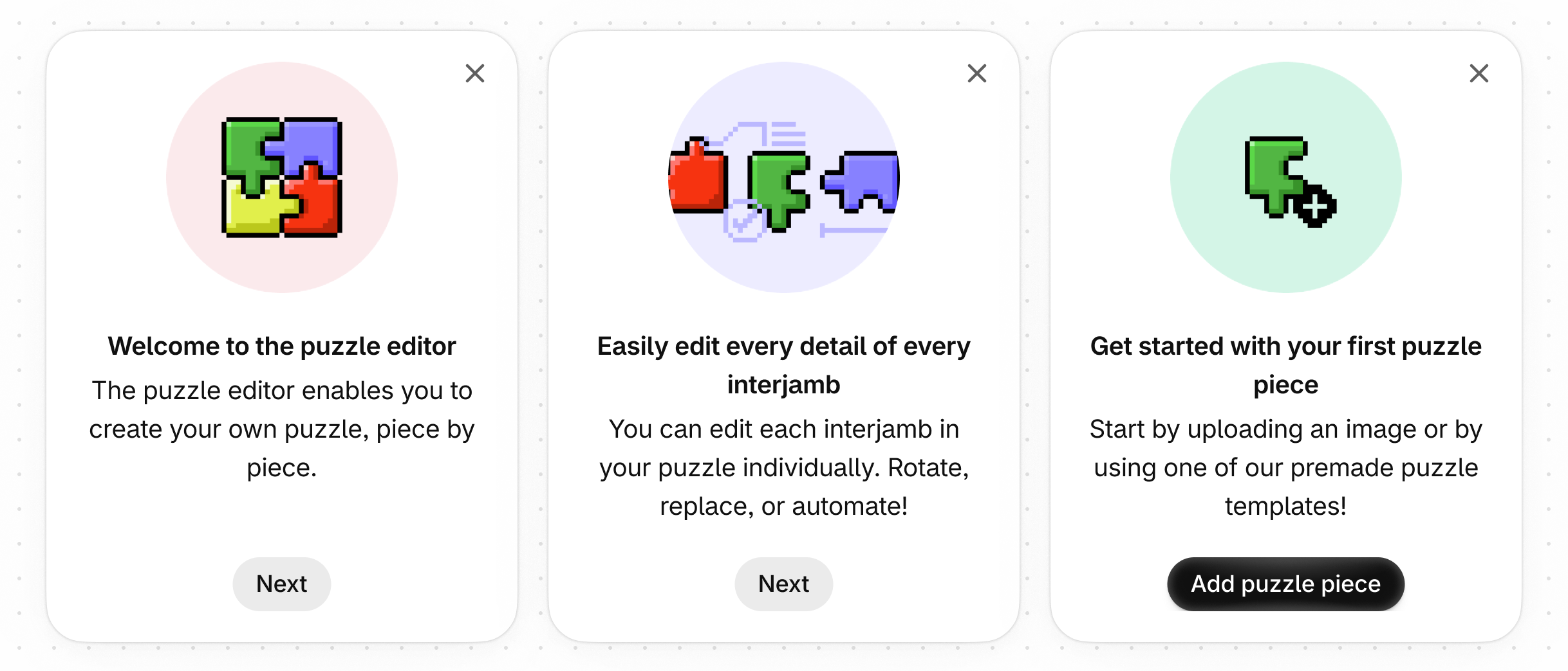 Onboarding screen welcoming merchants to the Puzzlify editor, with onboarding steps presented in separate, dismissible cards. Each card has a title, body text, and a button that merchants can click to complete the onboarding step.