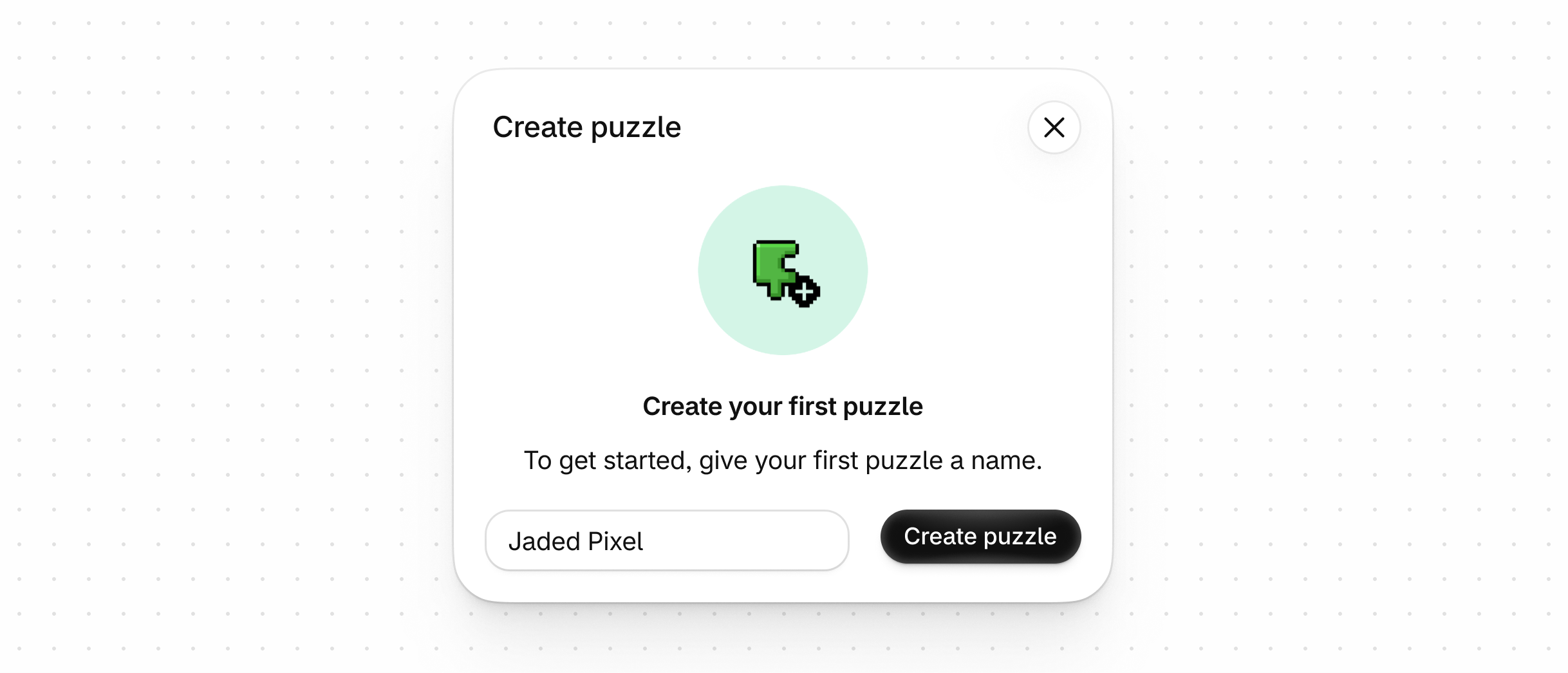 A dismissible onboarding step that asks merchants to name their first puzzle, with a primary button that's labeled 'Create puzzle'.