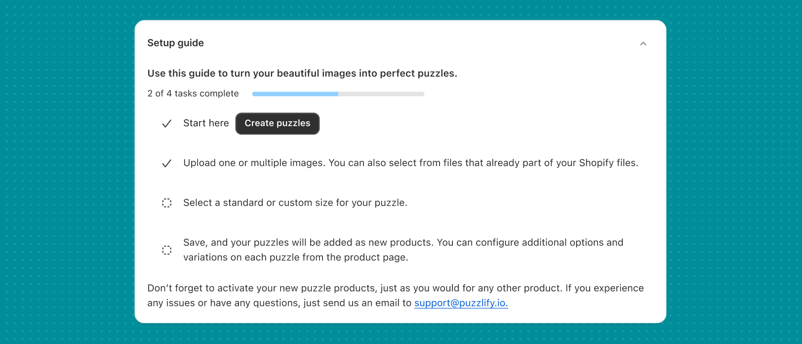 An onboarding interface with steps, checkboxes, and a progress bar indicating how far along the user is in the process.