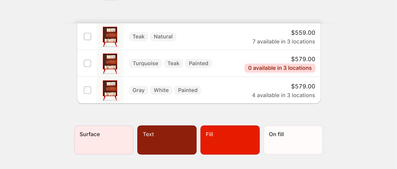 A sample table of products. One of the rows contains a red badge with the label '0 available in 3 locations'.