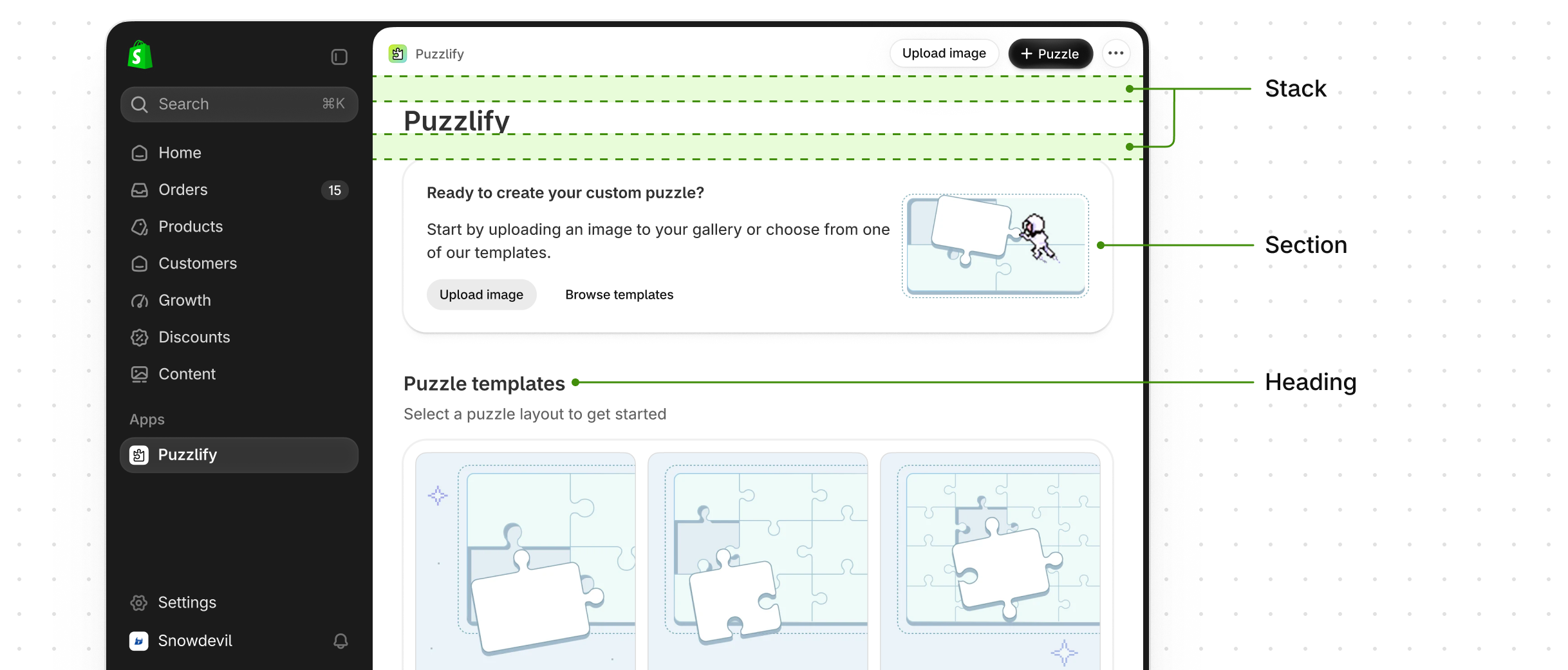 Polaris style tokens being applied to a layout to make it align with the Shopify admin.