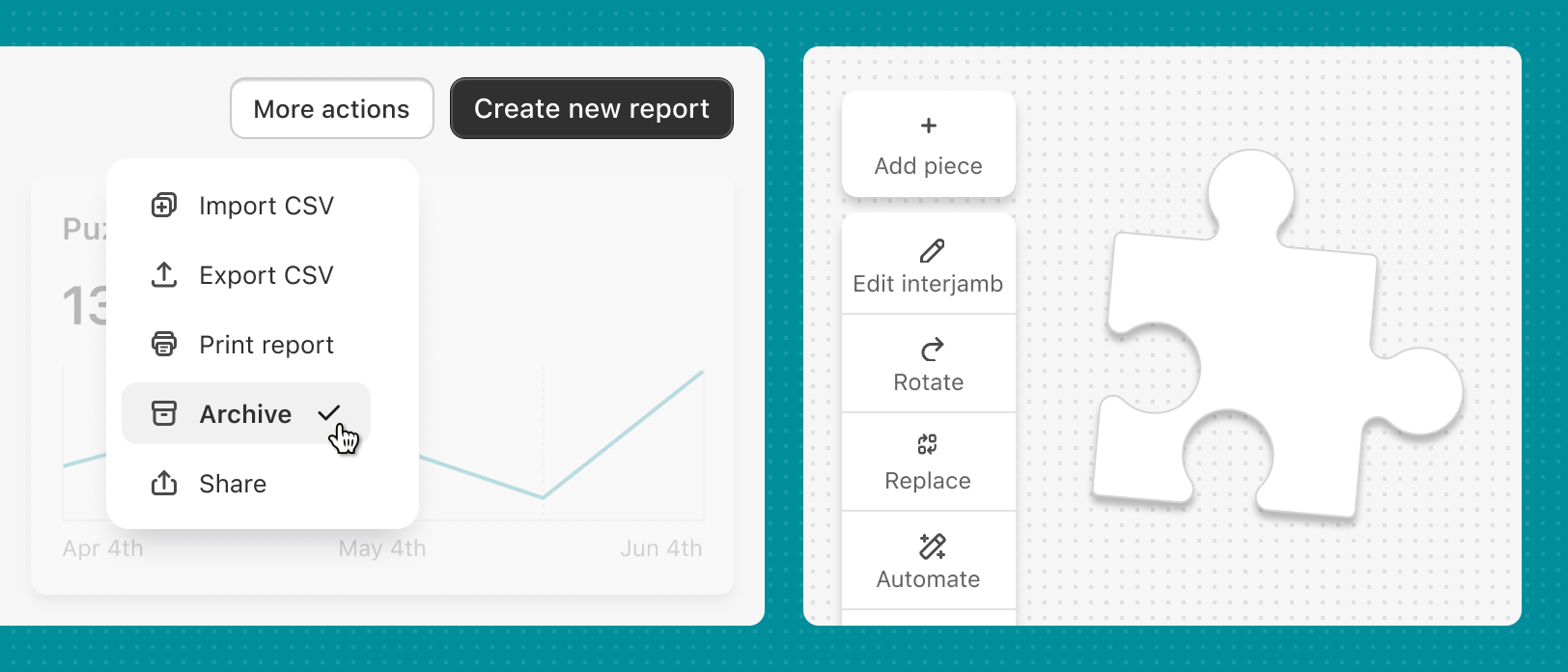 An interface that uses icons for primary app actions and to help identify items that users can select in a 'More actions' dropdown menu. The icons help users understand the outcome of each action.