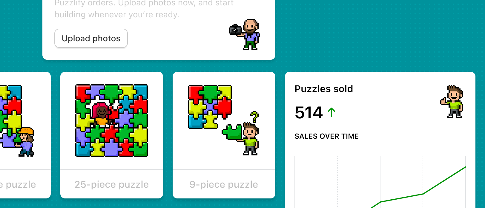 Illustrations that are on different app elements but share the same blocky, grid-like styling that's reminiscent of 8-bit computer games.