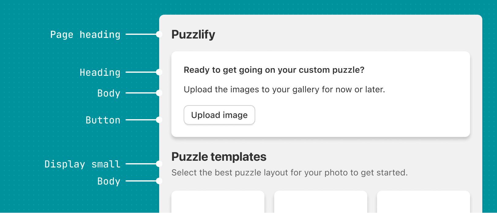 Different typography styles in an app, such as for a page heading, card, and smaller displays.