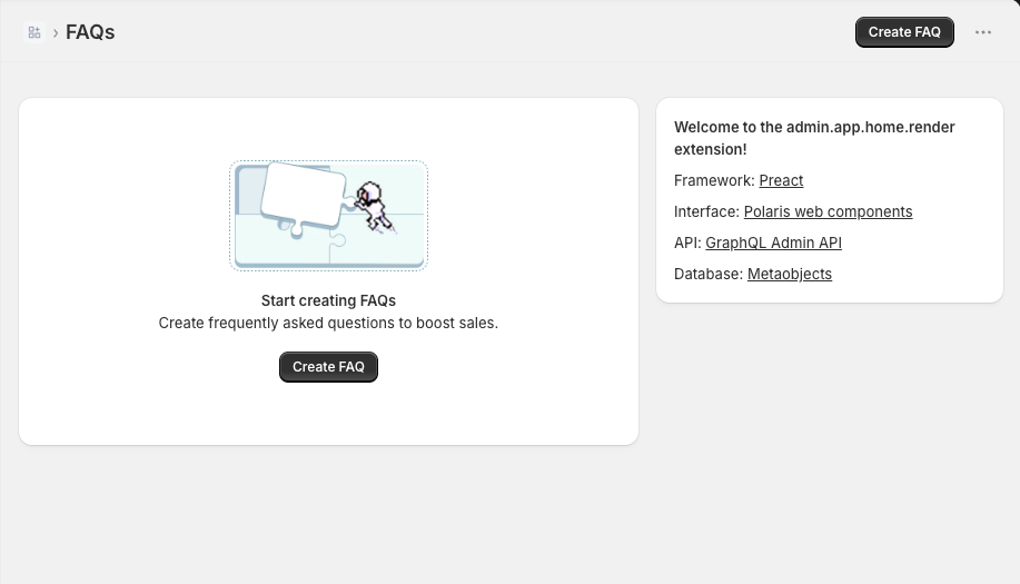 FAQ manager app home page showing empty state and a Create FAQ button