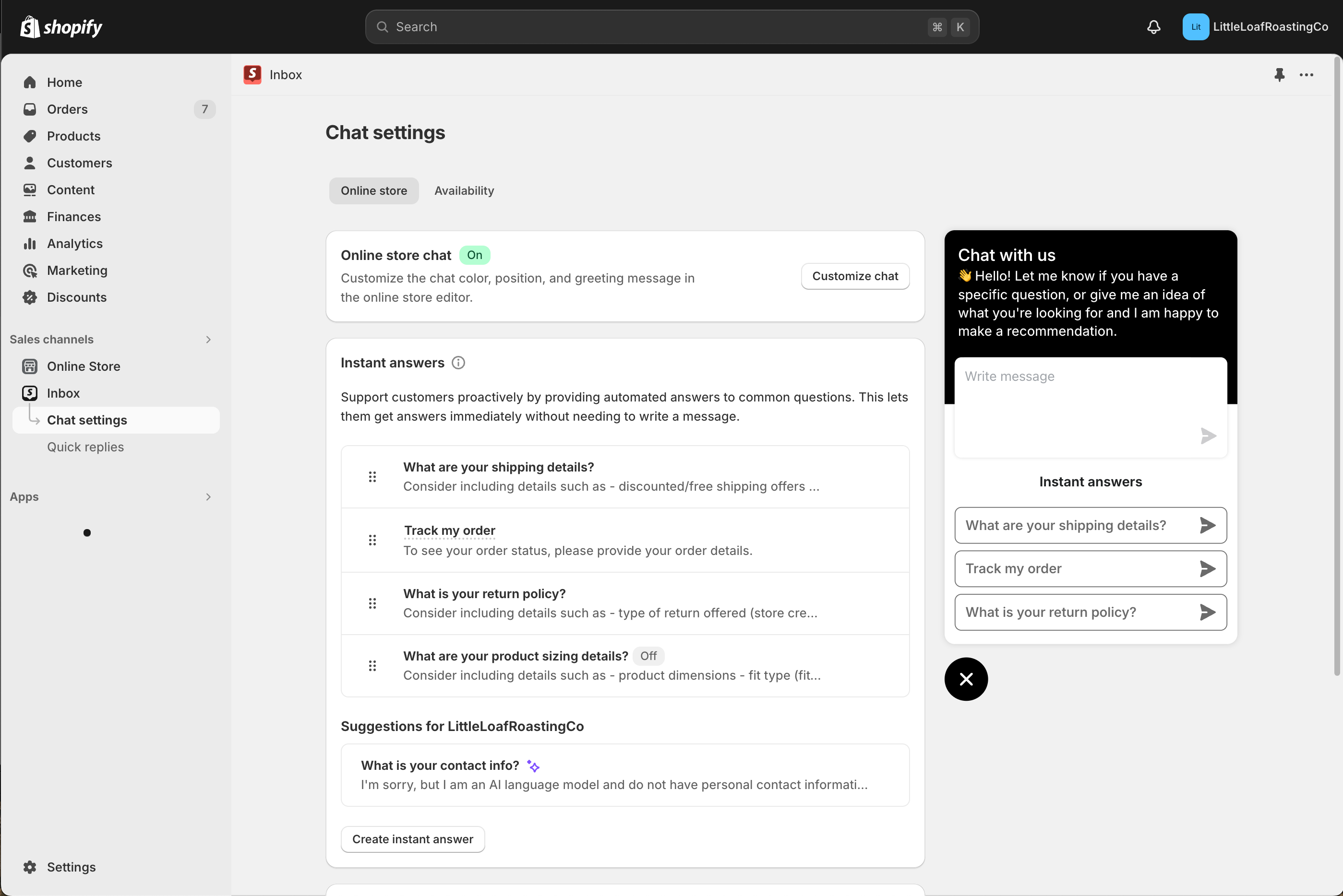 Screenshot of the chat settings in the Shopify Inbox app.