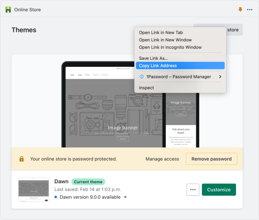 Right-click on the View your store button to retrieve a URL for performance testing