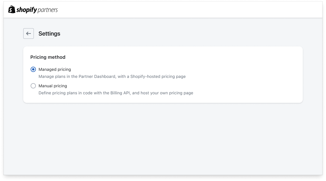 Plan and pricing card with options for Shopify App Pricing or Manual pricing with the API