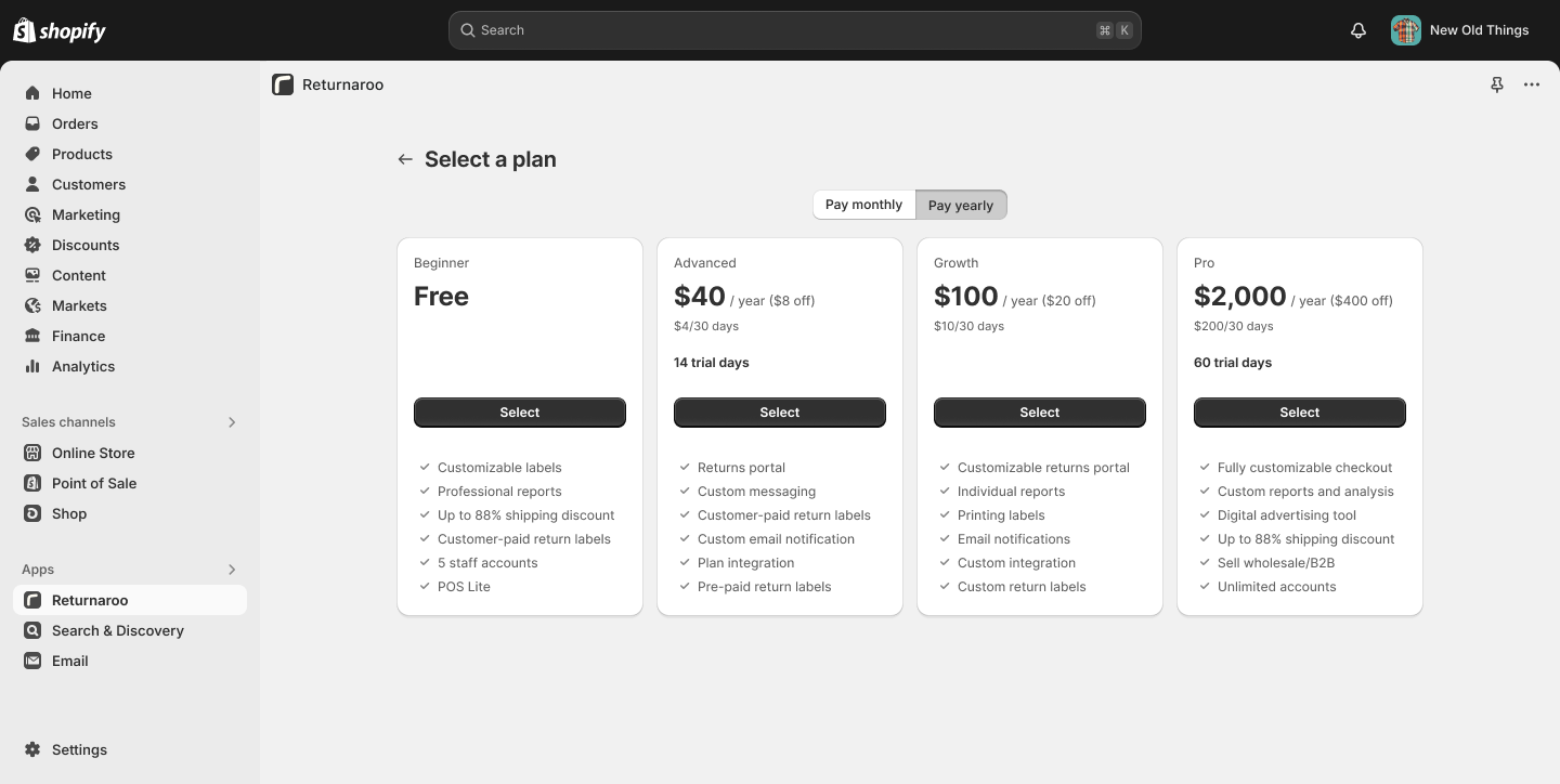 4 app pricing plans rendered in Shopify admin