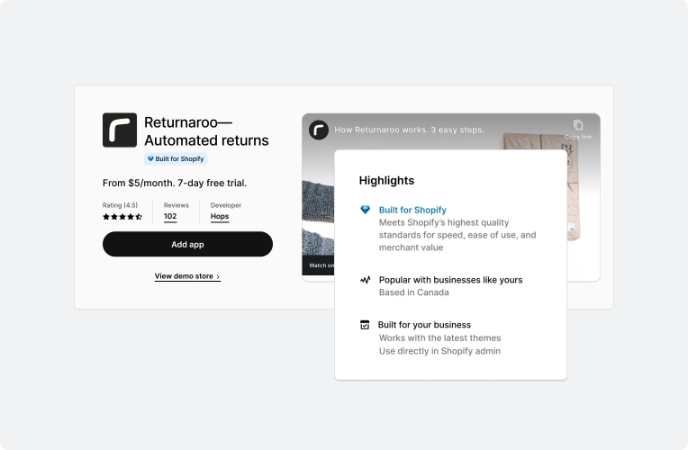 A Shopify App Store listing showing a Built for Shopify badge, a rating, and a highlights panel.