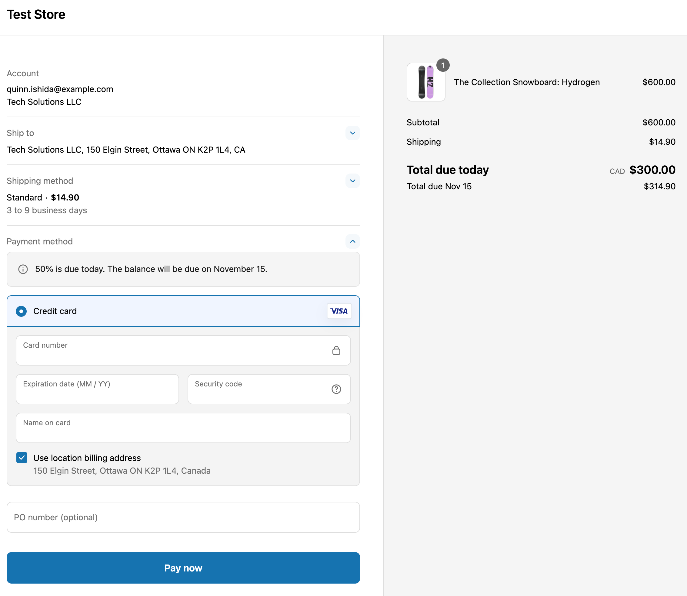 Screenshot that shows a b2b checkout with fixed payment terms