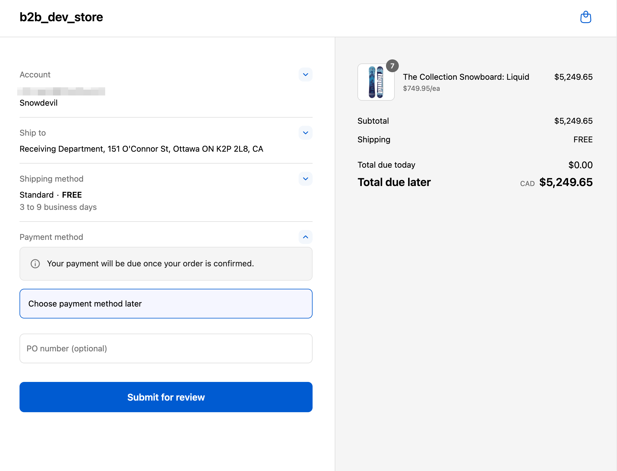B2B checkout with cart total over $5000 showing review requirement and submit for review option