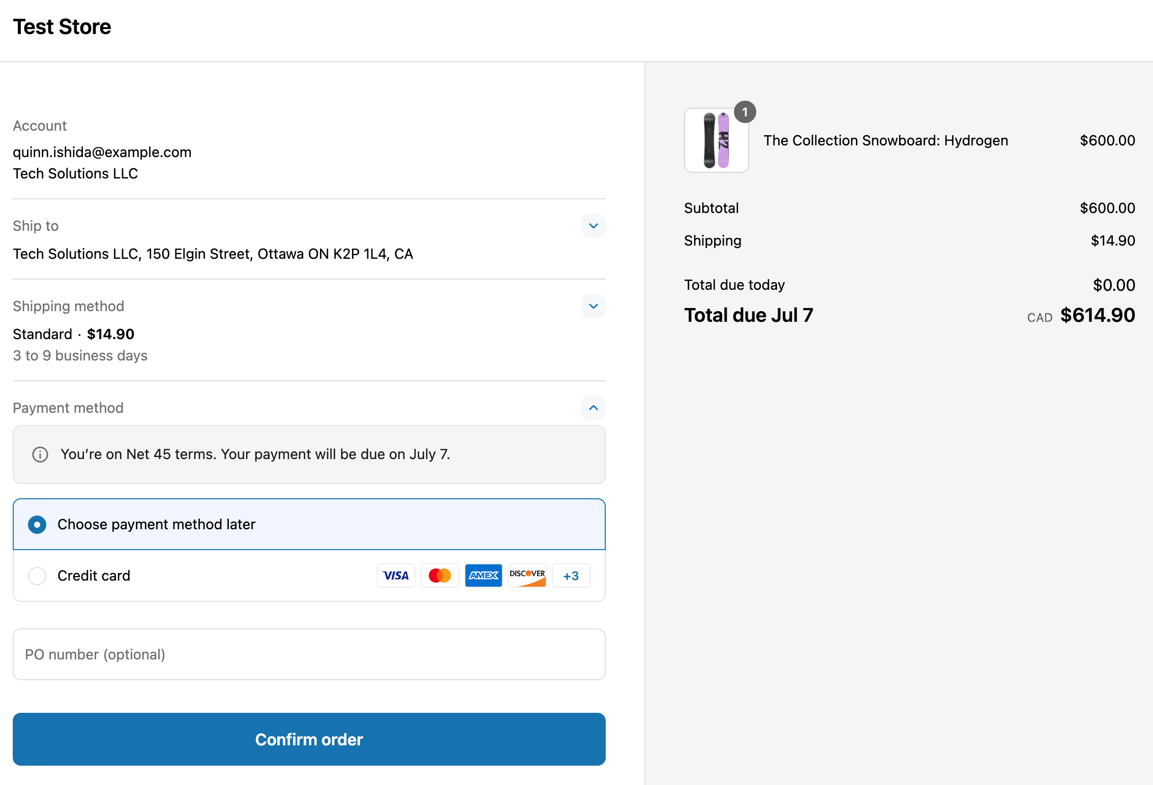Screenshot that shows a B2B checkout with net payment terms