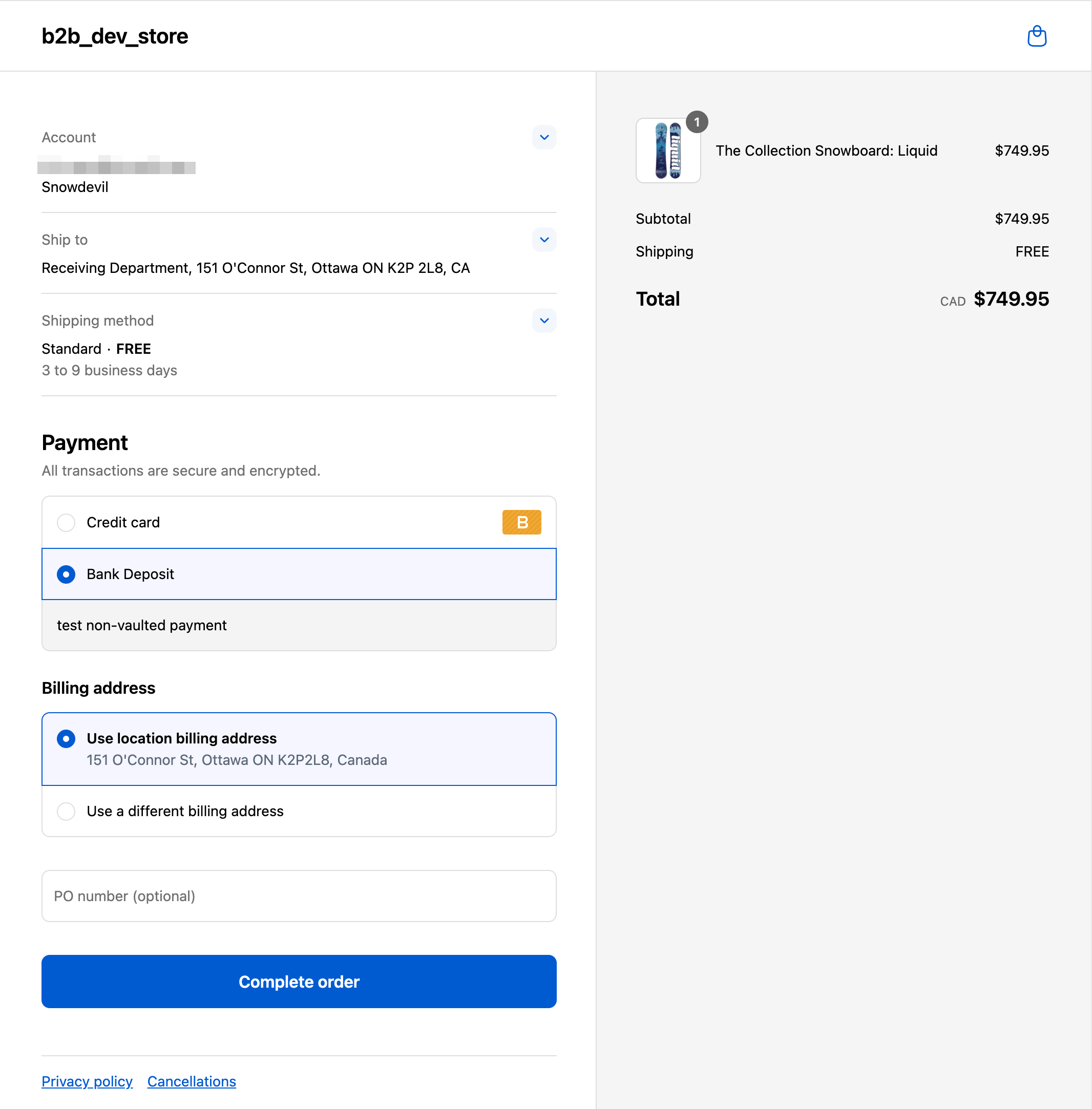 B2B checkout with cart total under $5000 showing no review requirement