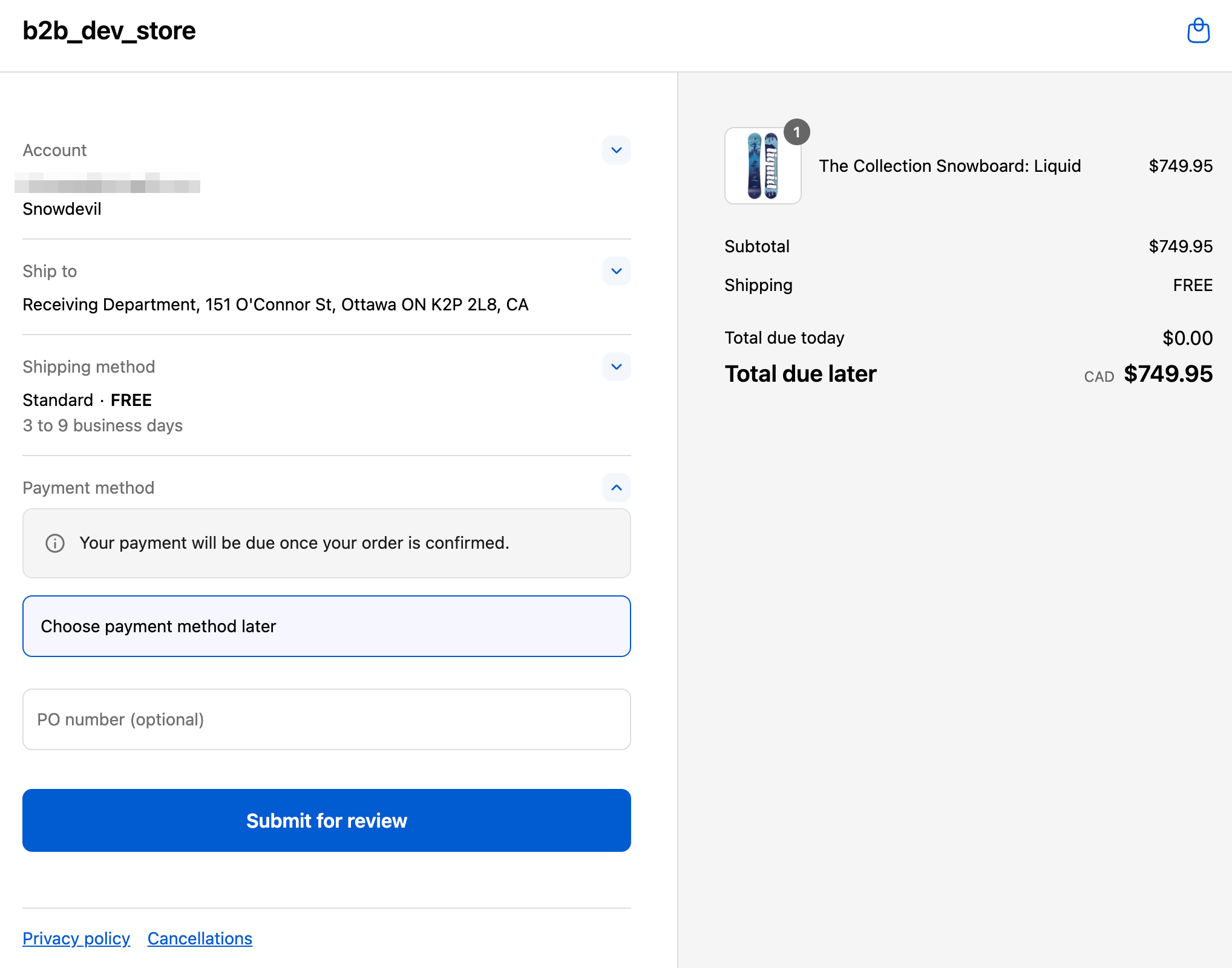 A B2B checkout with a review requirement
