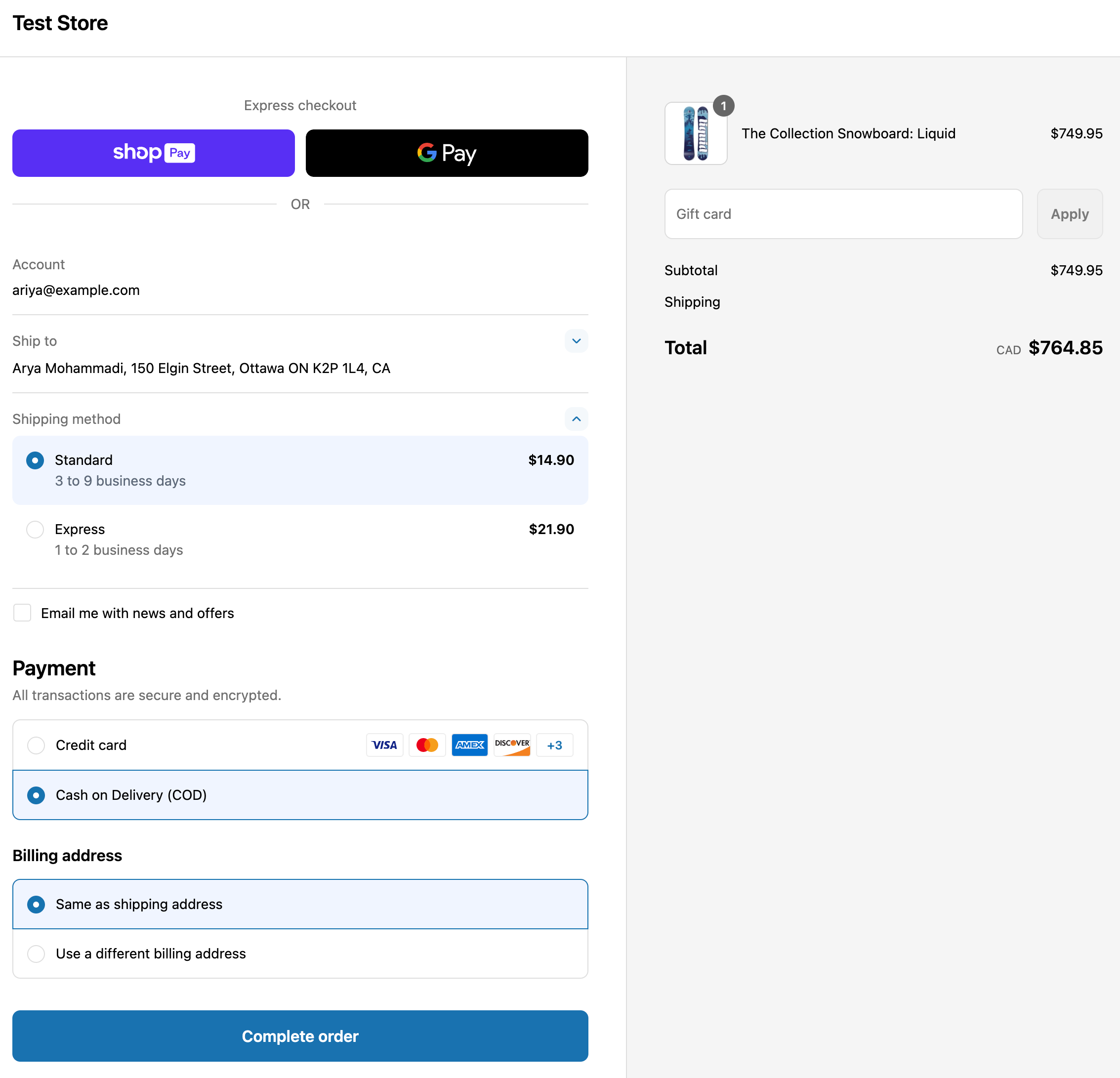 Screenshot that shows a direct-to-consumer checkout with due on fulfillment event payment terms