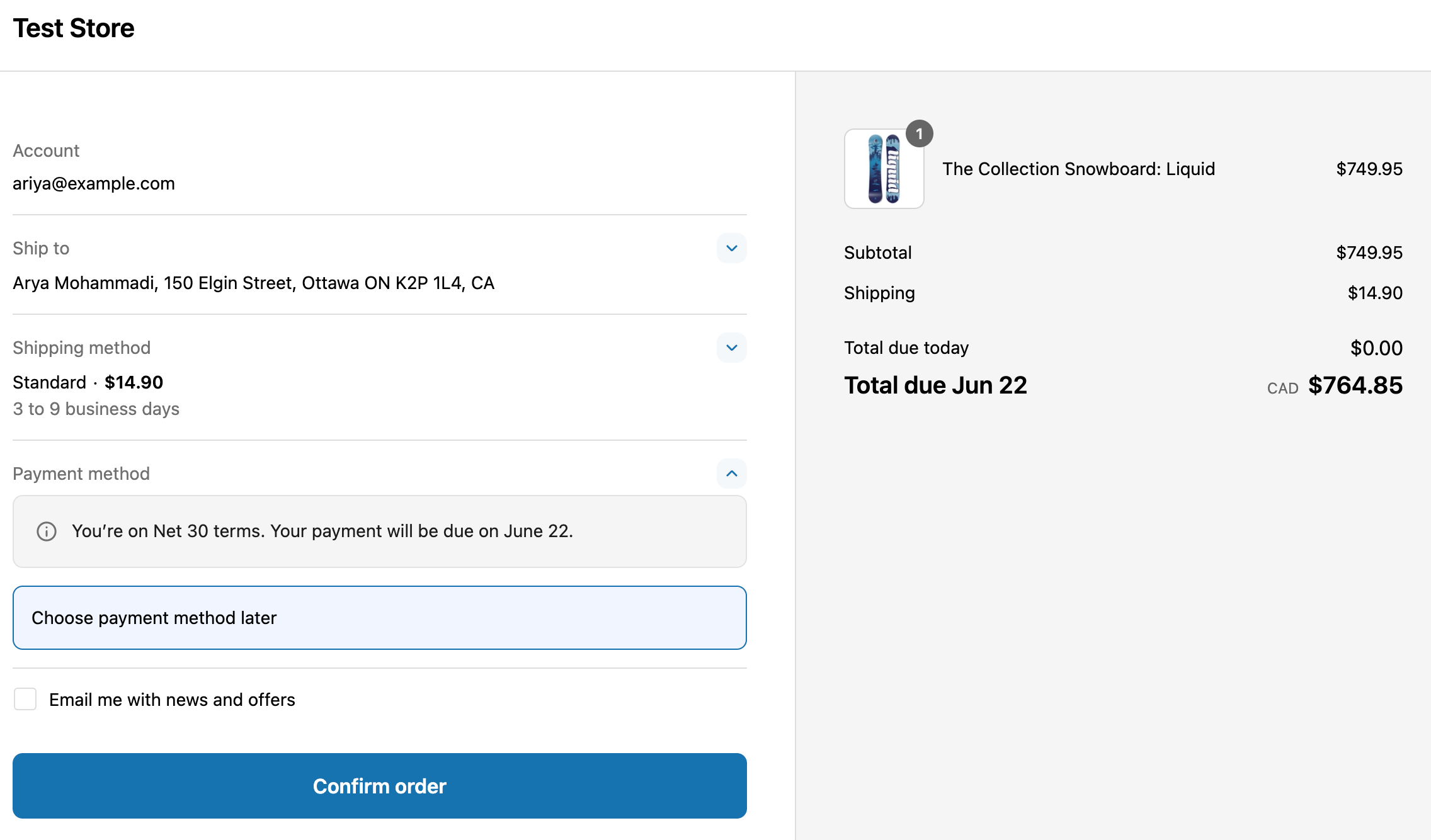Screenshot that shows a direct-to-consumer checkout with net payment terms