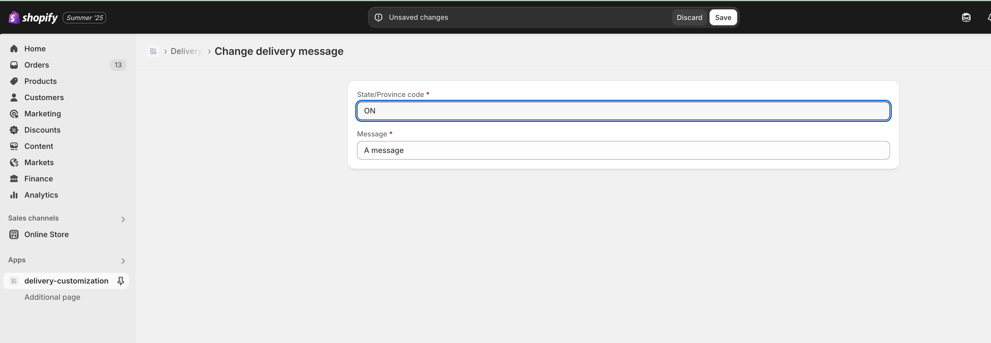 Screenshot that shows the merchant UI for configuring the delivery function