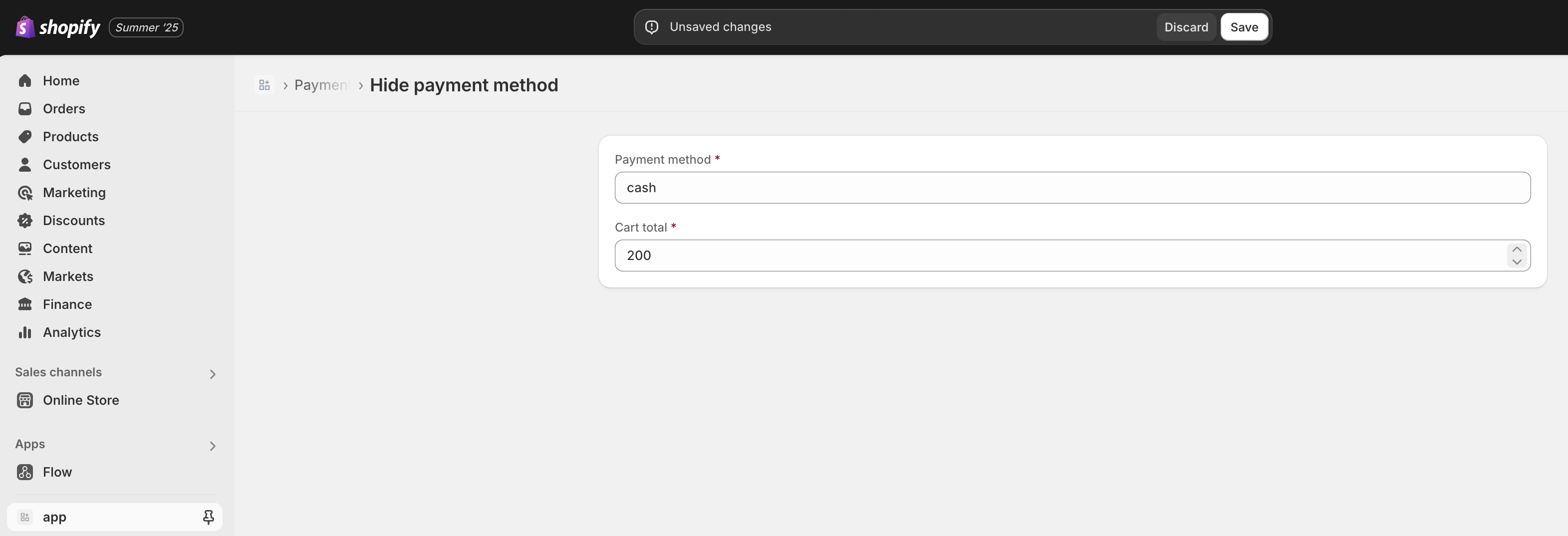 Screenshot that shows the merchant UI for configuring the payment function