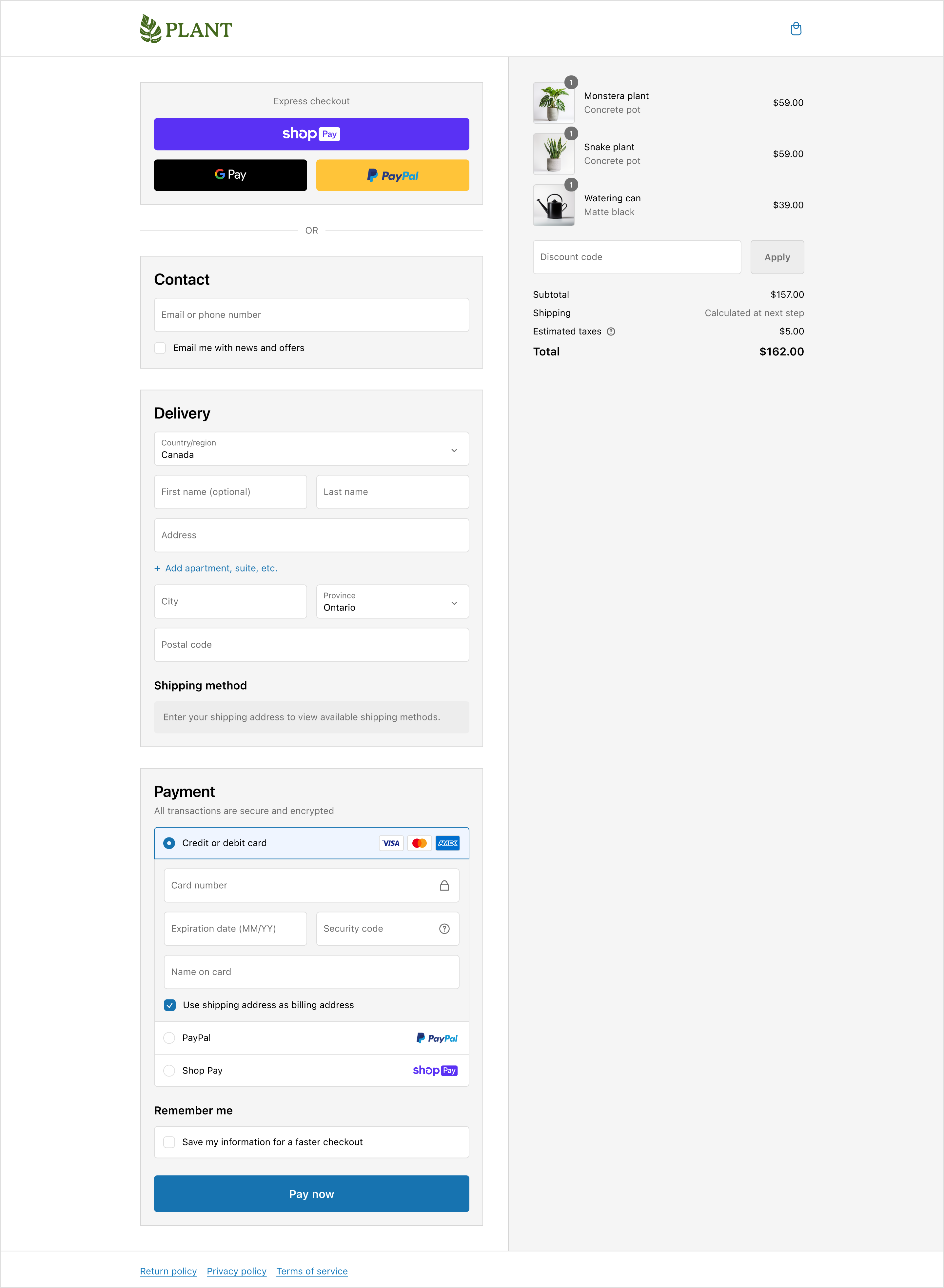 The main sections at checkout displaying colors, square corners, padding, and a border