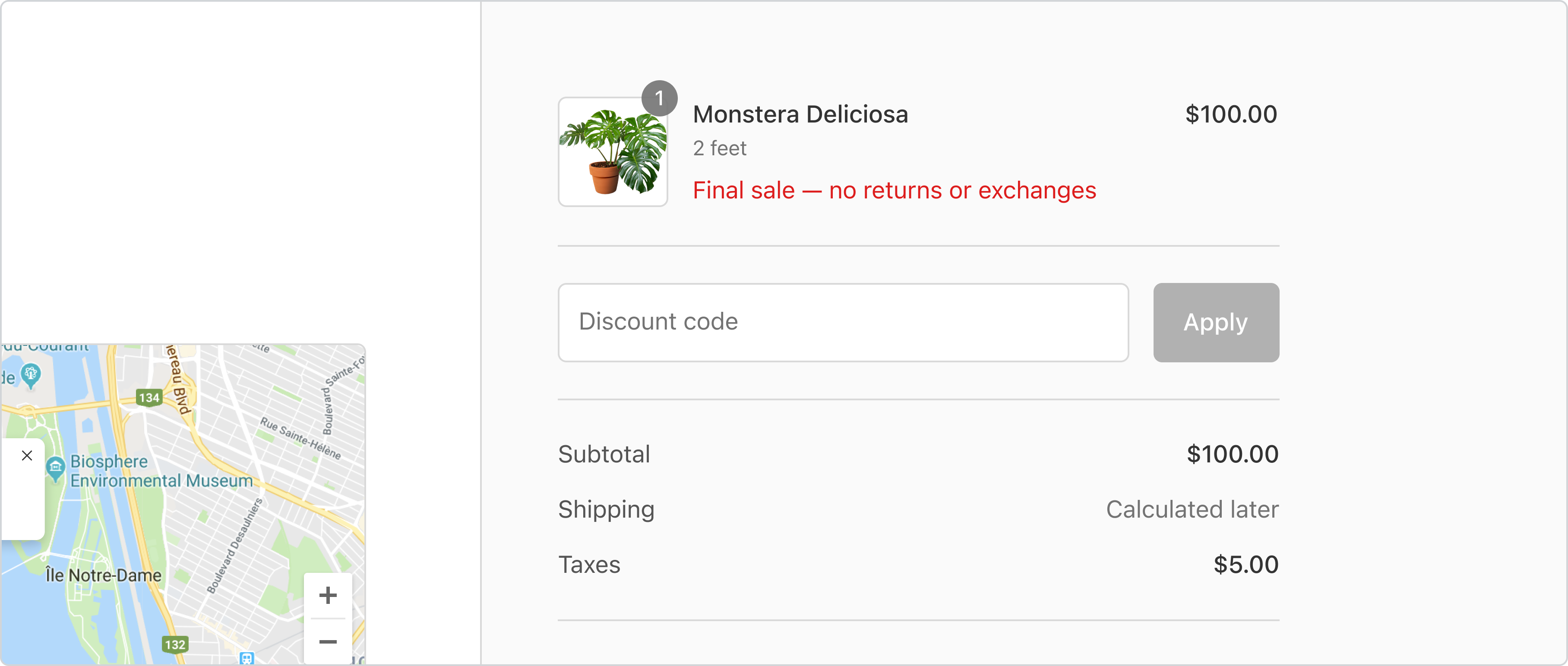 An image that shows a UI extension in the order summary final sale, no returns or exchanges