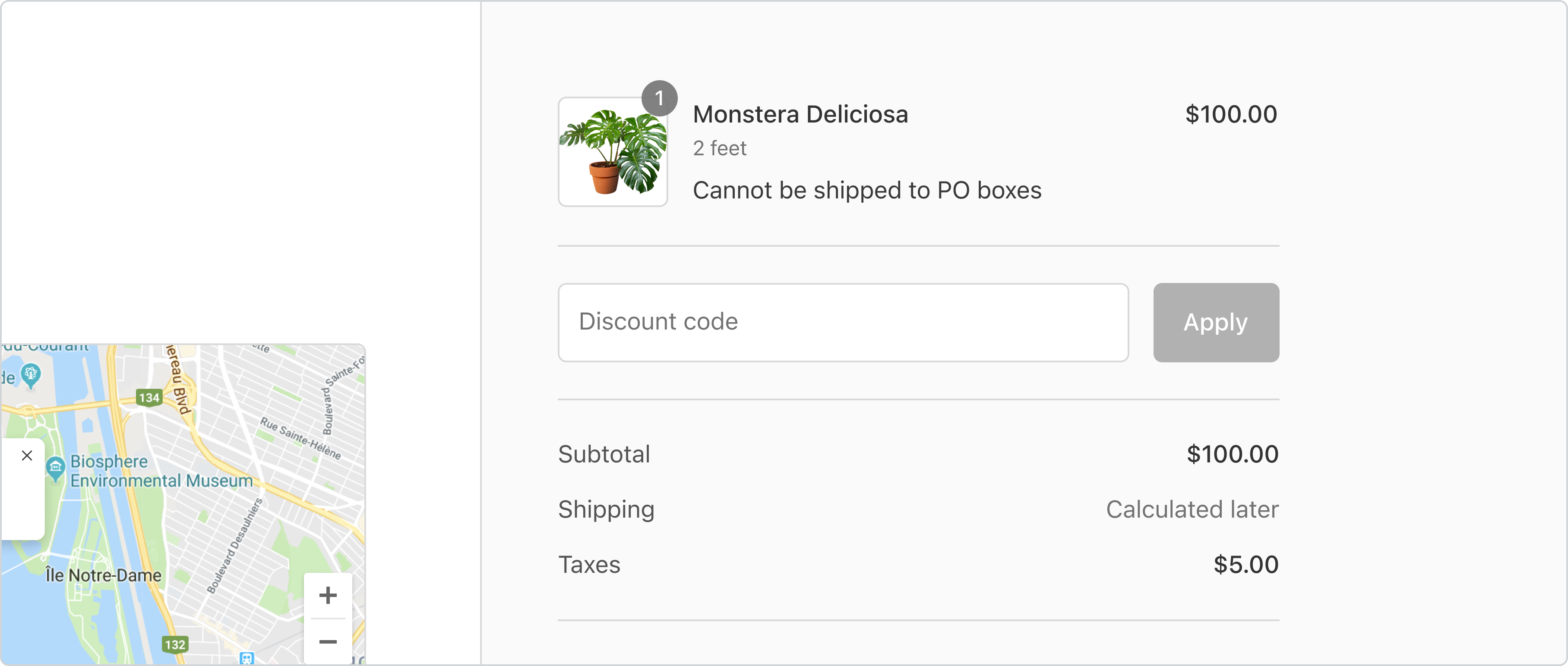 An image that shows a UI extension in the order summary displaying that the product cannot be shipped to PO boxes