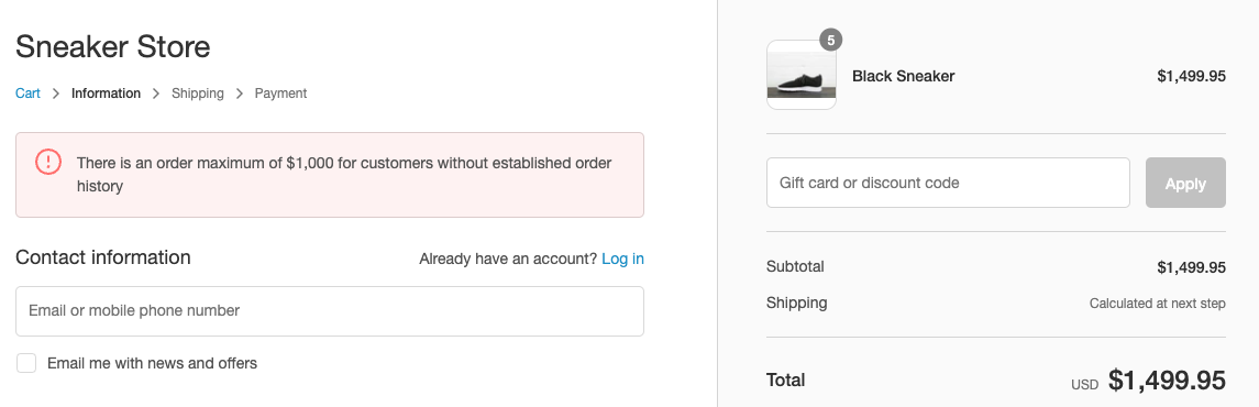 Checkout page displaying a validation error message stating there's an order maximum of $1,000 for customers without established order history